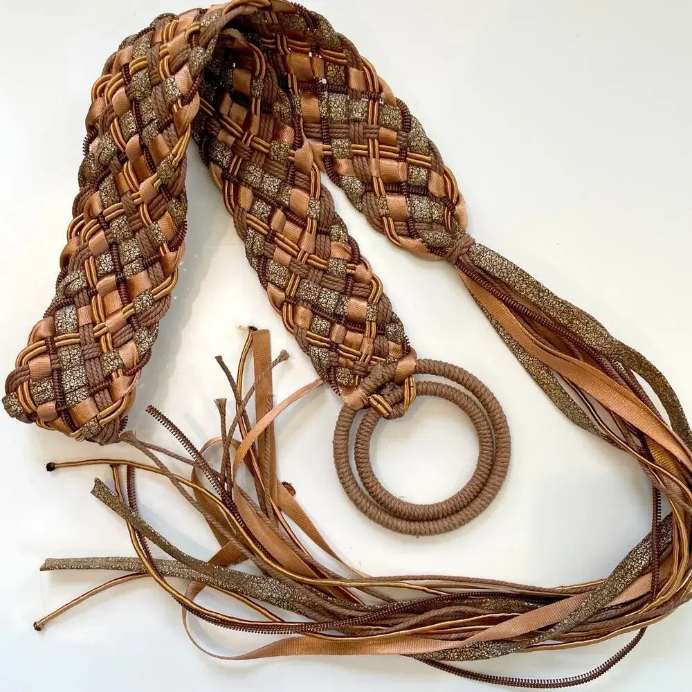 Vintage Boho Tassel Braided Belt 80s Woven Double Ring Fringe Earthy Festival